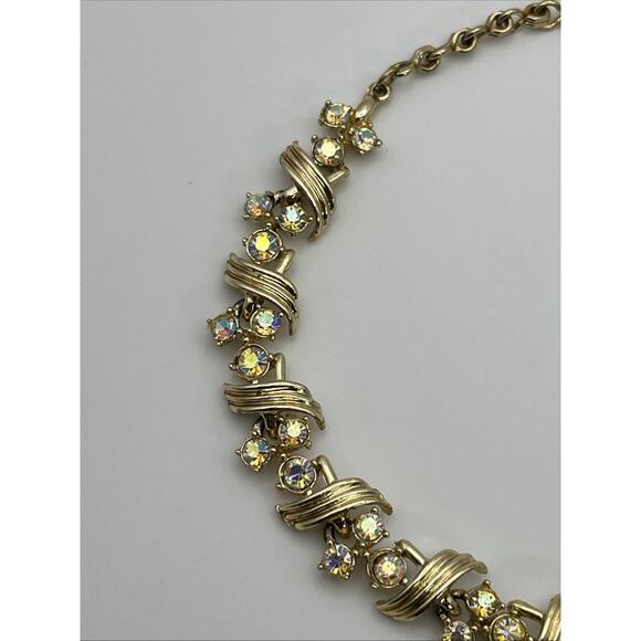 Vintage Aurora Borealis Rhinestone Choker Necklace Gold Tone Art Deco 15" - Picture 4 of 8